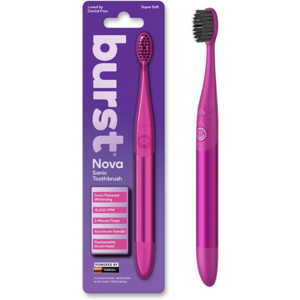 image:imageBurst Nova Toothbrush 2 PackBlue amp Green Sonic Powered Teeth Whitening SuperSoft Bristles 18000 VPM 2 Minute Timer Aluminum Handle Replaceable Brush Head Compact Size AAA BatteryPink