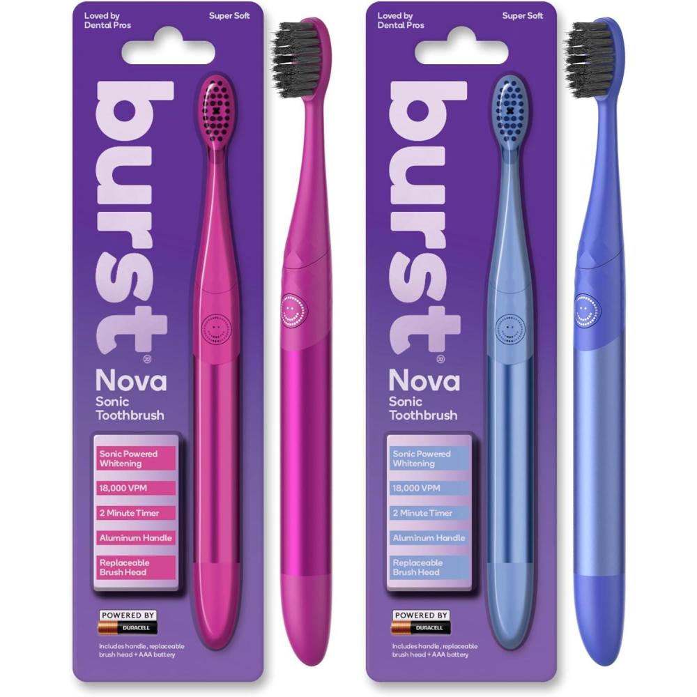 image:imageBurst Nova Toothbrush 2 PackBlue amp Green Sonic Powered Teeth Whitening SuperSoft Bristles 18000 VPM 2 Minute Timer Aluminum Handle Replaceable Brush Head Compact Size AAA BatteryPink Blue