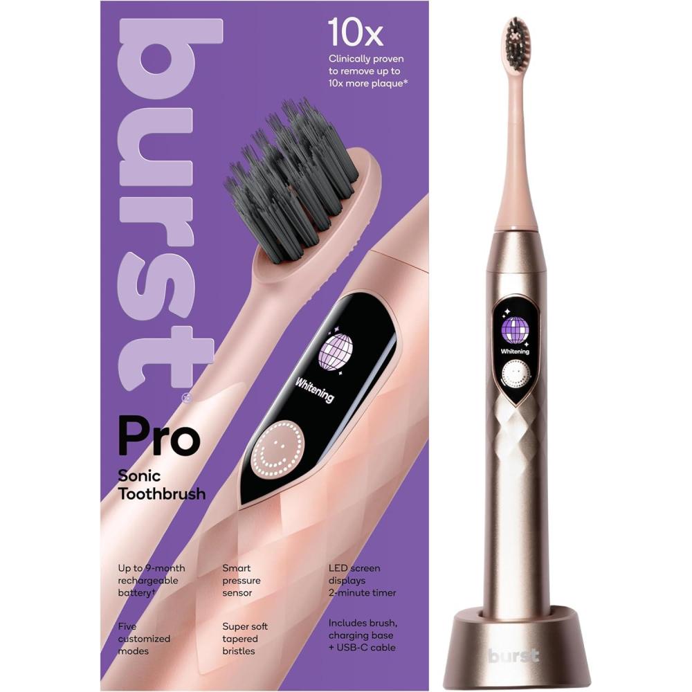 image:imageBurst Pro Sonic Advanced Electric Toothbrush for Adults Rose Gold Soft Bristles 33000 Vibrations LongLasting Battery and Multiple Brushing ModesRose Gold