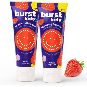 BURST Bubblegum Bonanza Kids Toothpaste with Fluoride (4oz) | Great Tasting | Flavored for Children & Toddlers | Anticavity | Dye Free & Vegan | Safe for Kids Ages 2+(Strawberry Fluoride-Free 2 Pack)