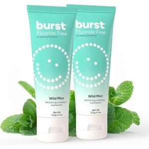 BURST Charcoal Whitening Toothpaste for Adults (4.7oz) | for Sensitive Teeth with Cavity Fighting Fluoride & Xylitol |Vegan | Gluten & SLS Free | Coconut Salt(Fluoride-Free: Wild Mint 2 Pack)