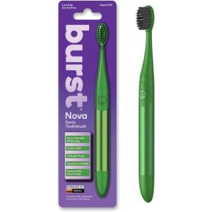 Burst Nova Toothbrush (2 Pack/Blue & Green) | Sonic Powered Teeth Whitening | Super-Soft Bristles | 18000 VPM | 2 Minute Timer | Aluminum Handle | Replaceable Brush Head | Compact Size | AAA Battery(Green)