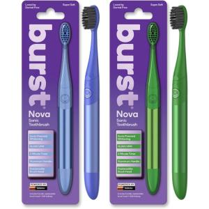 Burst Nova Toothbrush (2 Pack/Blue & Green) | Sonic Powered Teeth Whitening | Super-Soft Bristles | 18000 VPM | 2 Minute Timer | Aluminum Handle | Replaceable Brush Head | Compact Size | AAA Battery(Blue & Green)
