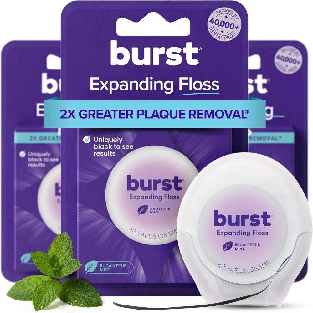 image:imageBURST Expanding Dental Floss Mint Eucalyptus160 Yards  Stain Absorbing amp Woven Teeth Floss with Xylitol Coating to Fight Cavities  Vegan  Paraben Free Expanding Floss360 Foot Pack of 1