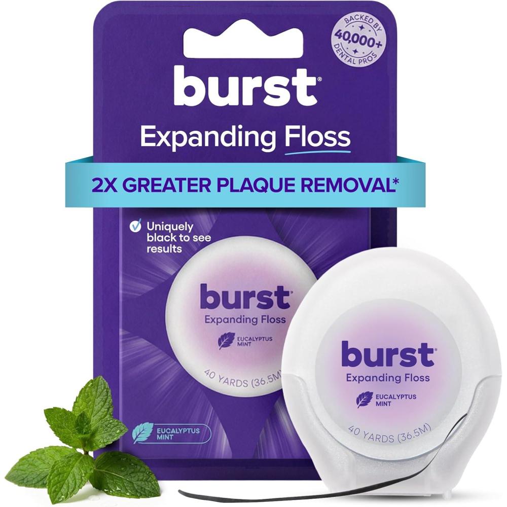 image:imageBURST Expanding Dental Floss Mint Eucalyptus160 Yards  Stain Absorbing amp Woven Teeth Floss with Xylitol Coating to Fight Cavities  Vegan  Paraben Free Expanding Floss120 Foot Pack of 1