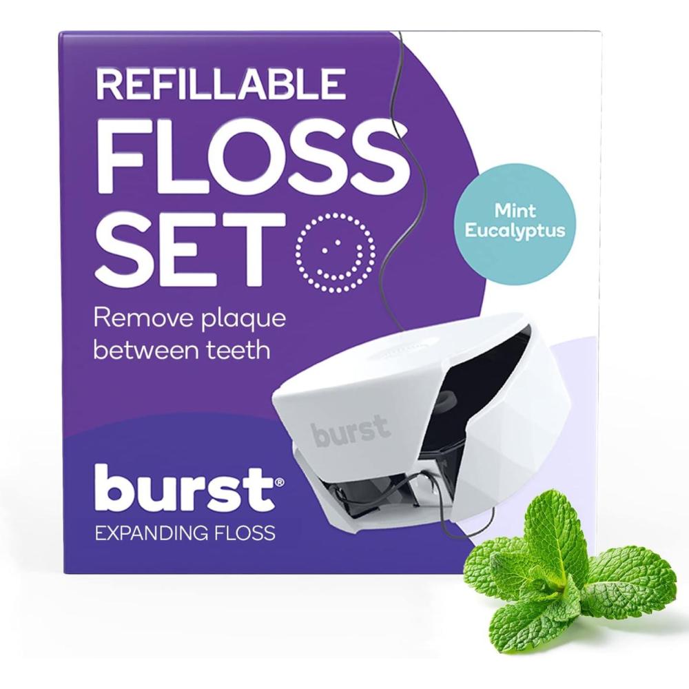 image:imageBURST Refillable Dental Floss Dispenser Set  Mint Eucalyptus Aroma  Expanding Floss  StainAbsorbing Woven Tooth Floss  White Case  32 Yards Charcoal Floss