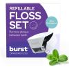 BURST Refillable Dental Floss Dispenser Set – Mint Eucalyptus Aroma – Expanding Floss – Stain-Absorbing, Woven Tooth Floss – White Case + 32 Yards Charcoal Floss