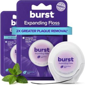 BURST Expanding Dental Floss (Mint Eucalyptus/160 Yards) | Stain Absorbing & Woven Teeth Floss with Xylitol Coating to Fight Cavities | Vegan | Paraben Free Expanding Floss(240 Foot (Pack of 1))