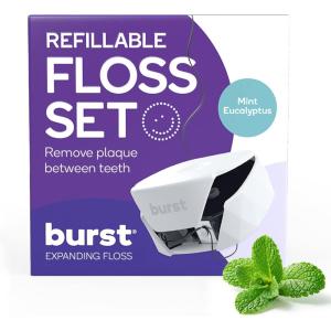 BURST Refillable Dental Floss Dispenser Set – Mint Eucalyptus Aroma – Expanding Floss – Stain-Absorbing, Woven Tooth Floss – White Case + 32 Yards Charcoal Floss