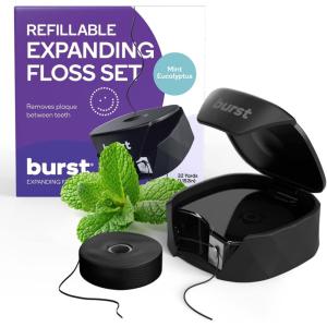 BURST Refillable Dental Floss Dispenser Set – Mint Eucalyptus Scent – Charcoal Coated, Expanding Floss – Stain-Absorbing, Woven Tooth Floss – Black Case + 32 Yards Charcoal Floss