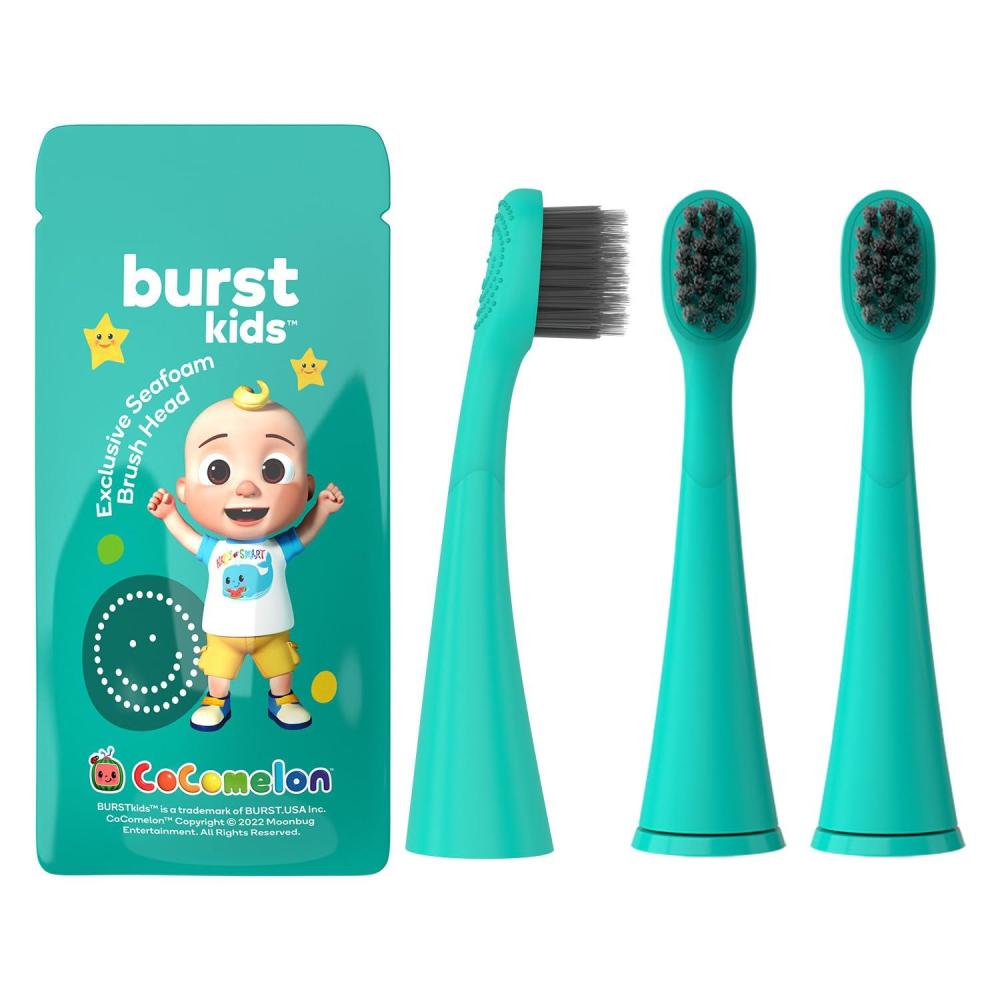 image:imageBURST Genuine Replacement Heads for Kids Electric Toothbrush Green3 Pack Perfect Fit Ultra Soft Bristles 9 Months of SupplyCocomelon Seafoam