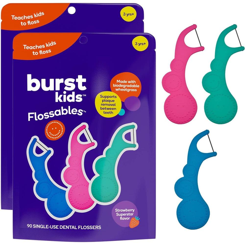 image:imageBURST Kids Flossers 90 Count1 Pack  Strawberry Aroma  Toddler Dental Flossable Picks with Ergonomic Design  NoSlip Grip  Smiley Face and Fun Colors180 Count Pack of 1