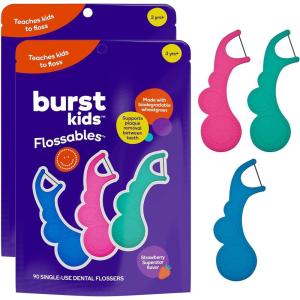 BURST Kids Flossers (90 Count/1 Pack) | Strawberry Aroma | Toddler Dental Flossable Picks with Ergonomic Design | No-Slip Grip | Smiley Face and Fun Colors(180 Count (Pack of 1))