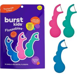 BURST Kids Flossers (90 Count/1 Pack) | Strawberry Aroma | Toddler Dental Flossable Picks with Ergonomic Design | No-Slip Grip | Smiley Face and Fun Colors(90 Count (Pack of 1))