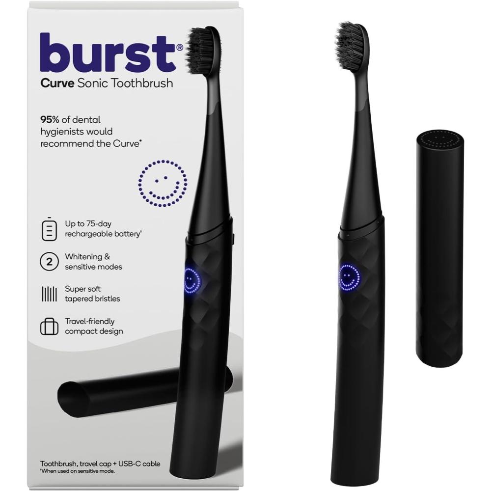 image:imageBurst Curve Sonic Electric Toothbrush for Adults Cobalt Blue Slim Travel Brush with Cover Ultra Soft Bristles Up to 2 Month Rechargeable Battery Two Modes amp TimerBlack
