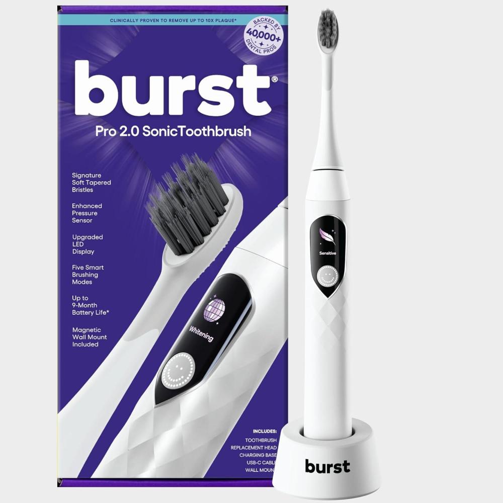 image:imageBurst Pro Sonic Advanced Electric Toothbrush for Adults Black Soft Bristles 33000 Vibrations LongLasting Battery and Multiple Brushing ModesWhite