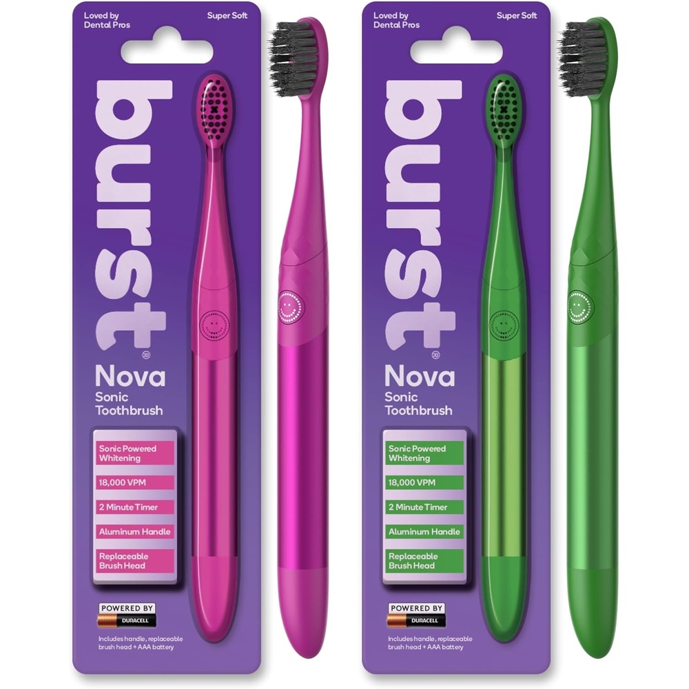 image:imageBurst Nova Toothbrush 2 PackRed amp Orange  Sonic Powered Teeth Whitening  SuperSoft Bristles  18000 VPM  2 Minute Timer  Aluminum Handle  Replaceable Brush Head  Compact Size  AAA BatteryPink  Green