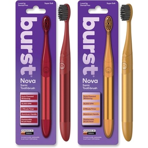 Burst Nova Toothbrush (2 Pack/Red & Orange) | Sonic Powered Teeth Whitening | Super-Soft Bristles | 18000 VPM | 2 Minute Timer | Aluminum Handle | Replaceable Brush Head | Compact Size | AAA Battery(Red & Orange)