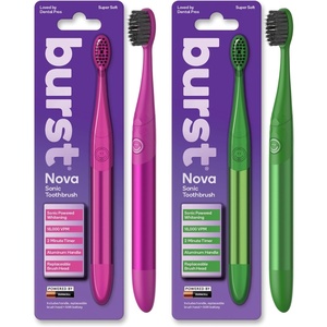 Burst Nova Toothbrush (2 Pack/Red & Orange) | Sonic Powered Teeth Whitening | Super-Soft Bristles | 18000 VPM | 2 Minute Timer | Aluminum Handle | Replaceable Brush Head | Compact Size | AAA Battery(Pink & Green)