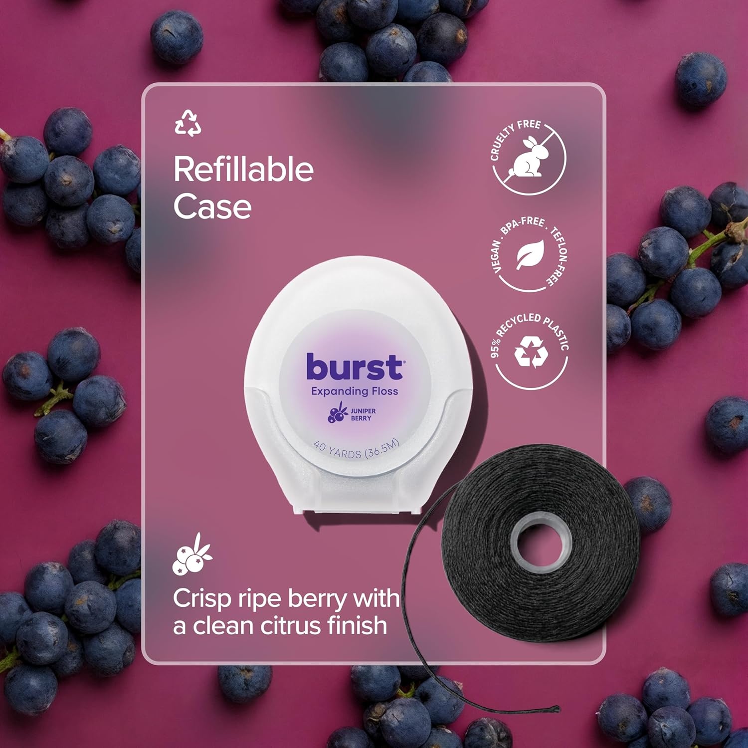 image:imageBURST Expanding Dental Floss Juniper Berry240 Yards Stain Absorbing amp Woven Teeth Floss with Xylitol Coating to Fight Cavities Vegan Paraben Free Expanding Floss720 Foot Pack of 1