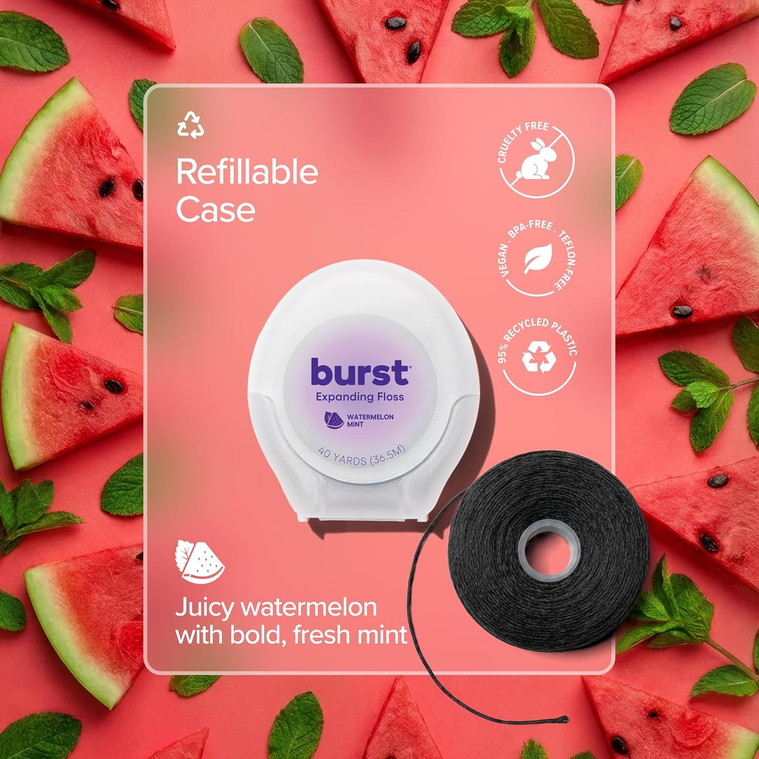 image:imageBURST Expanding Dental Floss Watermelon Mint240 Yards Stain Absorbing amp Woven Teeth Floss with Xylitol Coating to Fight Cavities Vegan Paraben Free Expanding Floss120 Foot Pack of 1