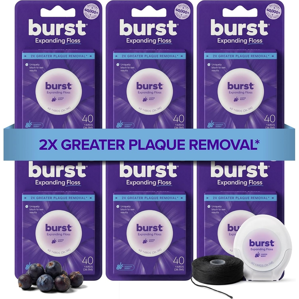 image:imageBURST Expanding Dental Floss Juniper Berry240 Yards Stain Absorbing amp Woven Teeth Floss with Xylitol Coating to Fight Cavities Vegan Paraben Free Expanding Floss720 Foot Pack of 1