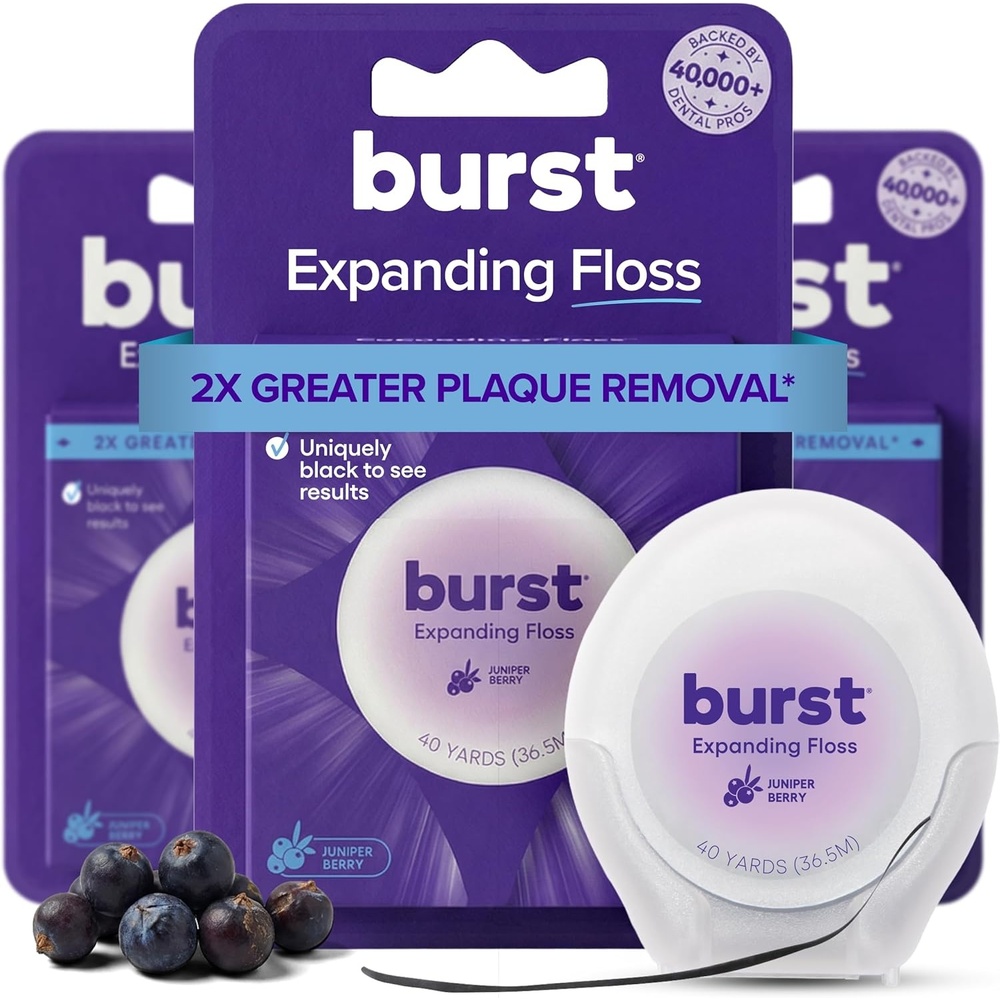 image:imageBURST Expanding Dental Floss Juniper Berry240 Yards  Stain Absorbing amp Woven Teeth Floss with Xylitol Coating to Fight Cavities  Vegan  Paraben Free Expanding Floss360 Foot Pack of 1
