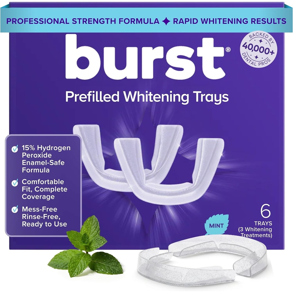 image:imageBURST Prefilled Teeth Whitening Trays 6 Trays3 Treatments 15 Hydrogen Peroxide for ProfessionalLevel Results Flexible 360 Teeth Whitening Gel Trays Aloe Coconut amp Xylitol Blend Teeth Trays