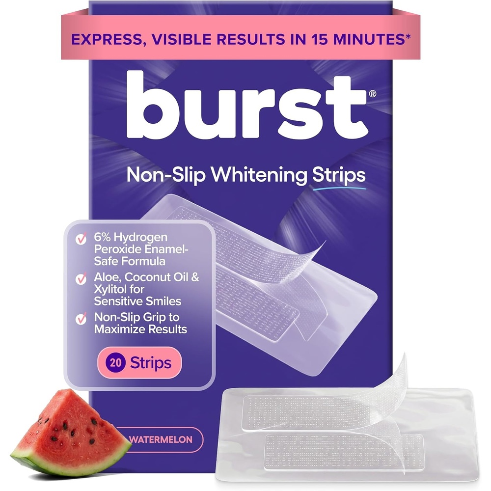image:imageBURST Sensitive Teeth Whitening Strips Watermelon 20 Strips10 Treatments Each with 1 Upper1 Lower Visible Results in 15 Minutes NoSlip Grip EnamelSafe Whitening KitWatermelon
